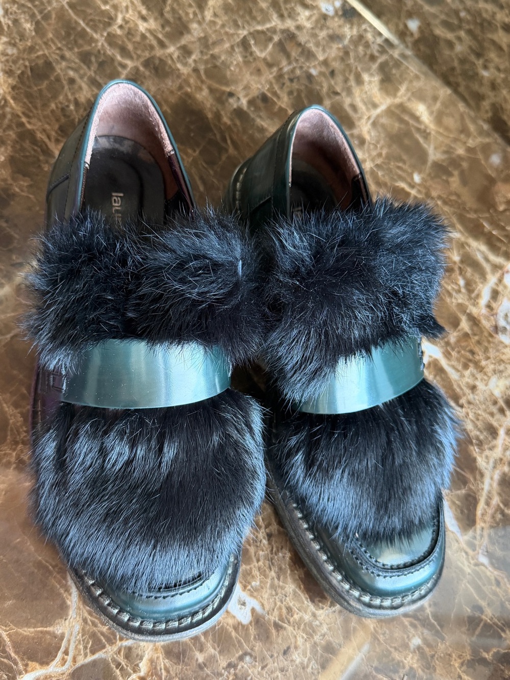 Italian Designer Women's Black Real Fur Slip-On Loafers